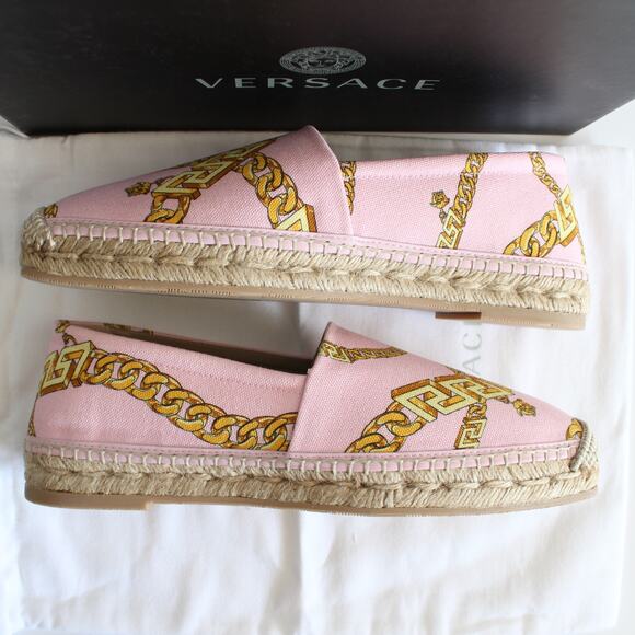 New Versace Pink & Gold Chain Graphic-Print Canvas Slip-On Espadrilles - Picture 5 of 14